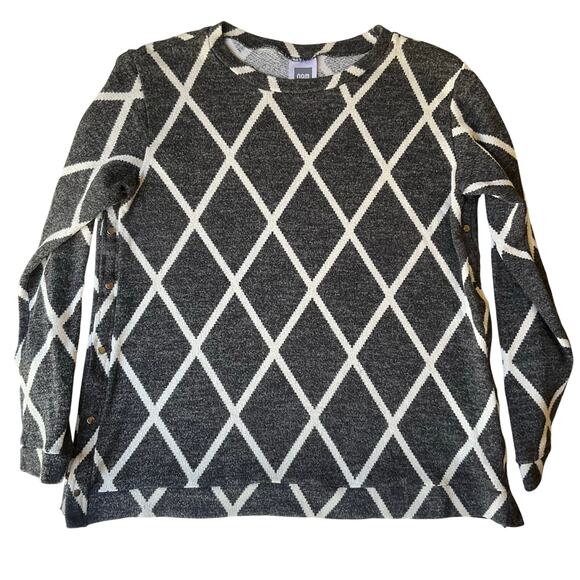 NOM Women Knit Blouse size XL Long Sleeve Crew Neck Stretchy Plaid Black & White - Picture 1 of 9